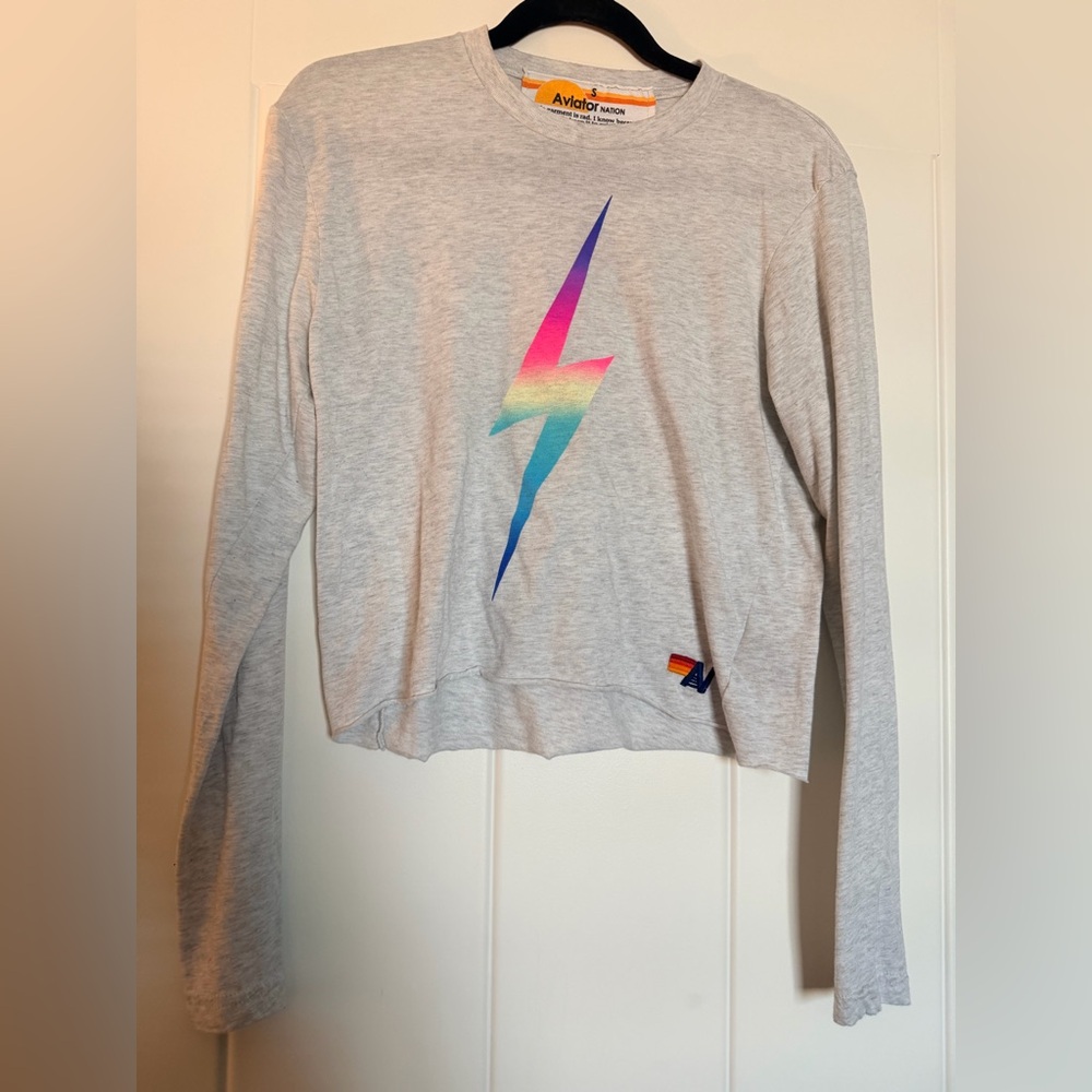 Aviator Nation Gray Long Sleeve Tee with Rainbow Lightning